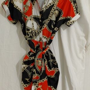 Red & Black Chain-Print Maxi Dress - Elegant Tie-Waist Style